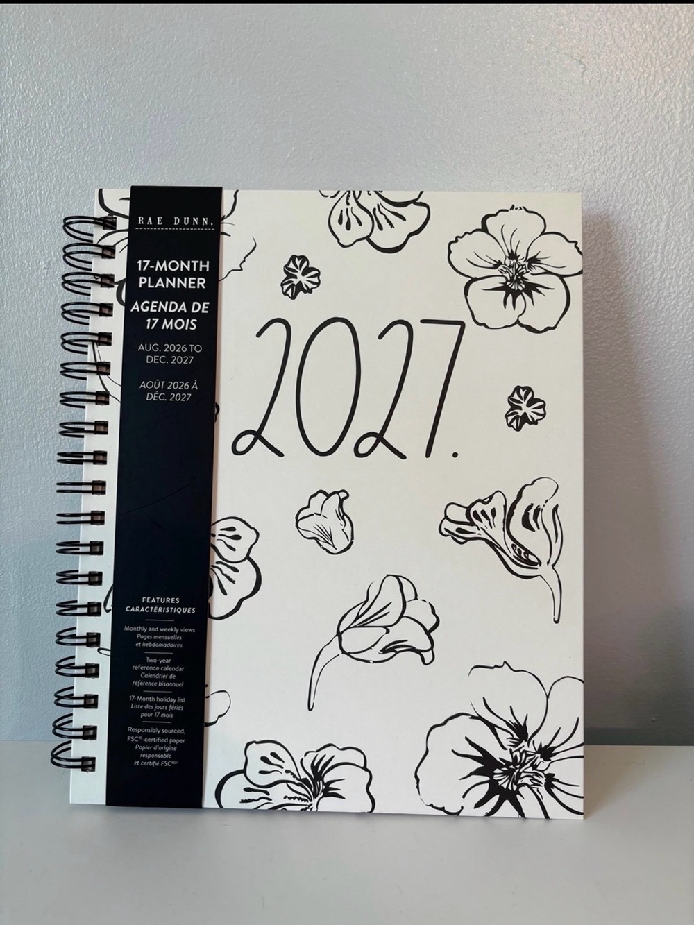 Rae Dunn Black & White Floral 2027 17-Month Spiral Planner